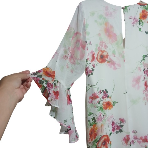 Calvin Klein Floral Dress Ruffle Sleeve V Neck Sheer White Pink‎ Orange S - Picture 5 of 9